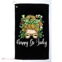 Happy Go Lucky Women Shamrock Messy Bun St. Patrick's Day Golf Towel thumb 0