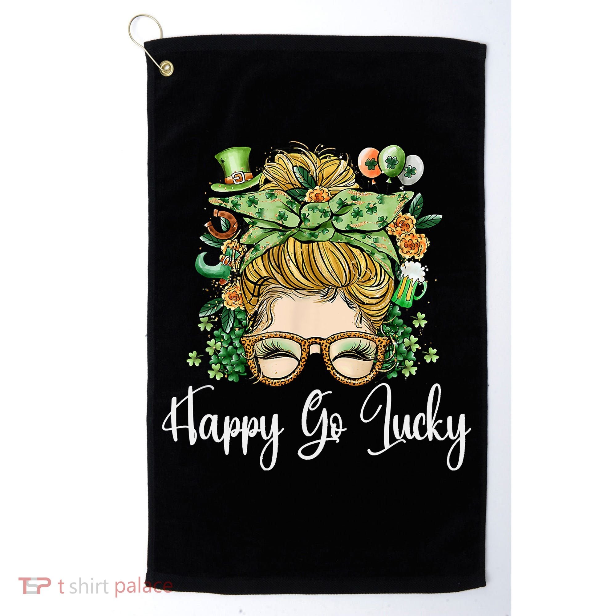 Happy Go Lucky Women Shamrock Messy Bun St. Patrick's Day Golf Towel