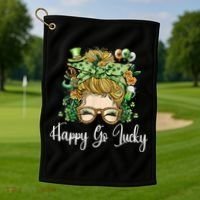 Happy Go Lucky Women Shamrock Messy Bun St. Patrick's Day Golf Towel thumb 1
