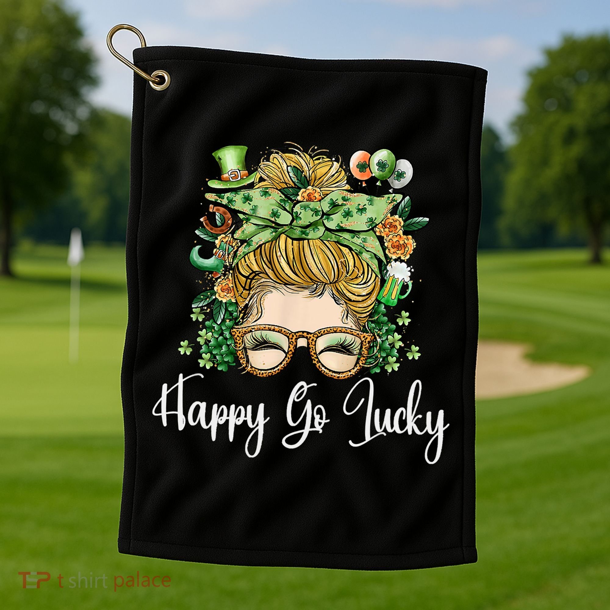 Happy Go Lucky Women Shamrock Messy Bun St. Patrick's Day Golf Towel