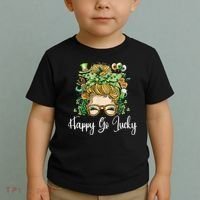 Happy Go Lucky Women Shamrock Messy Bun St. Patrick's Day Toddler T-Shirt thumb 2