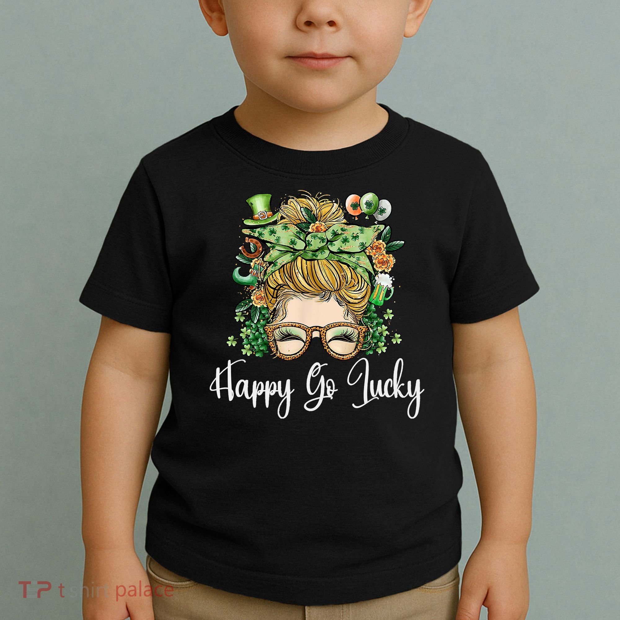 Happy Go Lucky Women Shamrock Messy Bun St. Patrick's Day Toddler T-Shirt