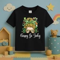 Happy Go Lucky Women Shamrock Messy Bun St. Patrick's Day Toddler T-Shirt thumb 3