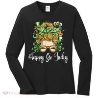 Happy Go Lucky Women Shamrock Messy Bun St. Patrick's Day Women's Long Sleeve Shirt thumb 0