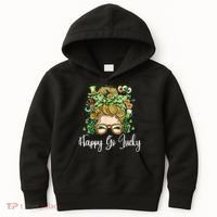 Happy Go Lucky Women Shamrock Messy Bun St. Patrick's Day Kids Hoodie thumb 0