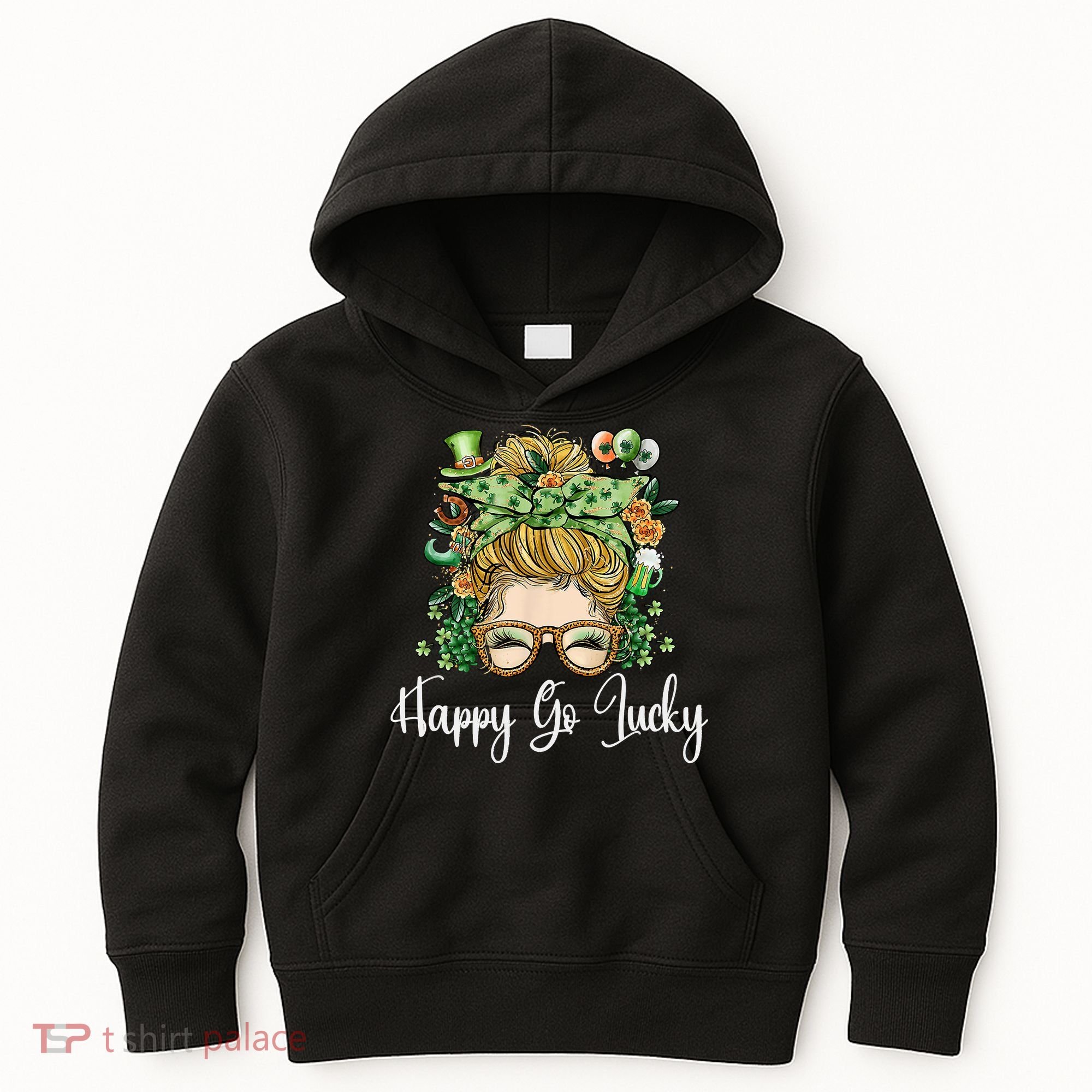Happy Go Lucky Women Shamrock Messy Bun St. Patrick's Day Kids Hoodie