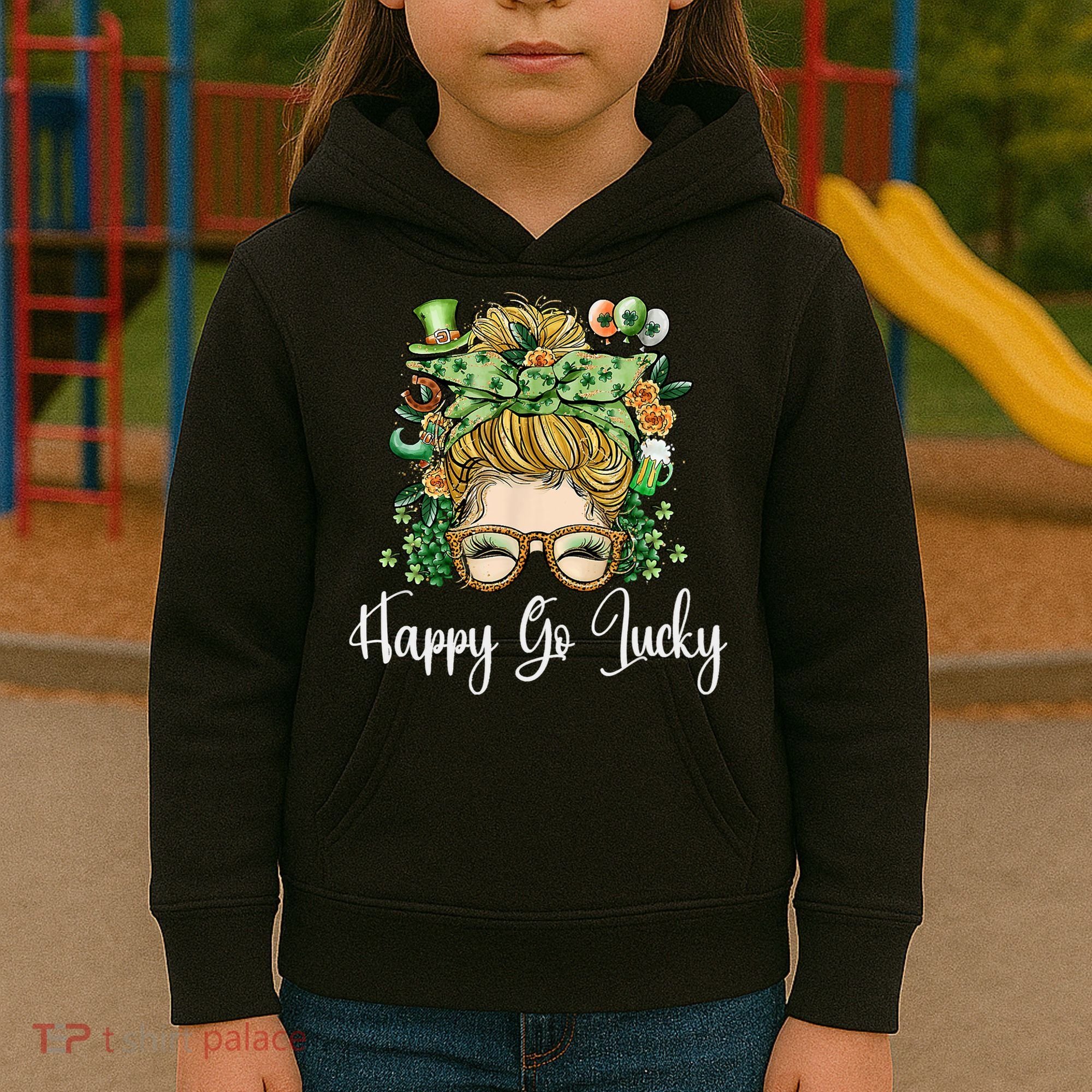 Happy Go Lucky Women Shamrock Messy Bun St. Patrick's Day Kids Hoodie