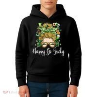Happy Go Lucky Women Shamrock Messy Bun St. Patrick's Day Kids Hoodie thumb 4