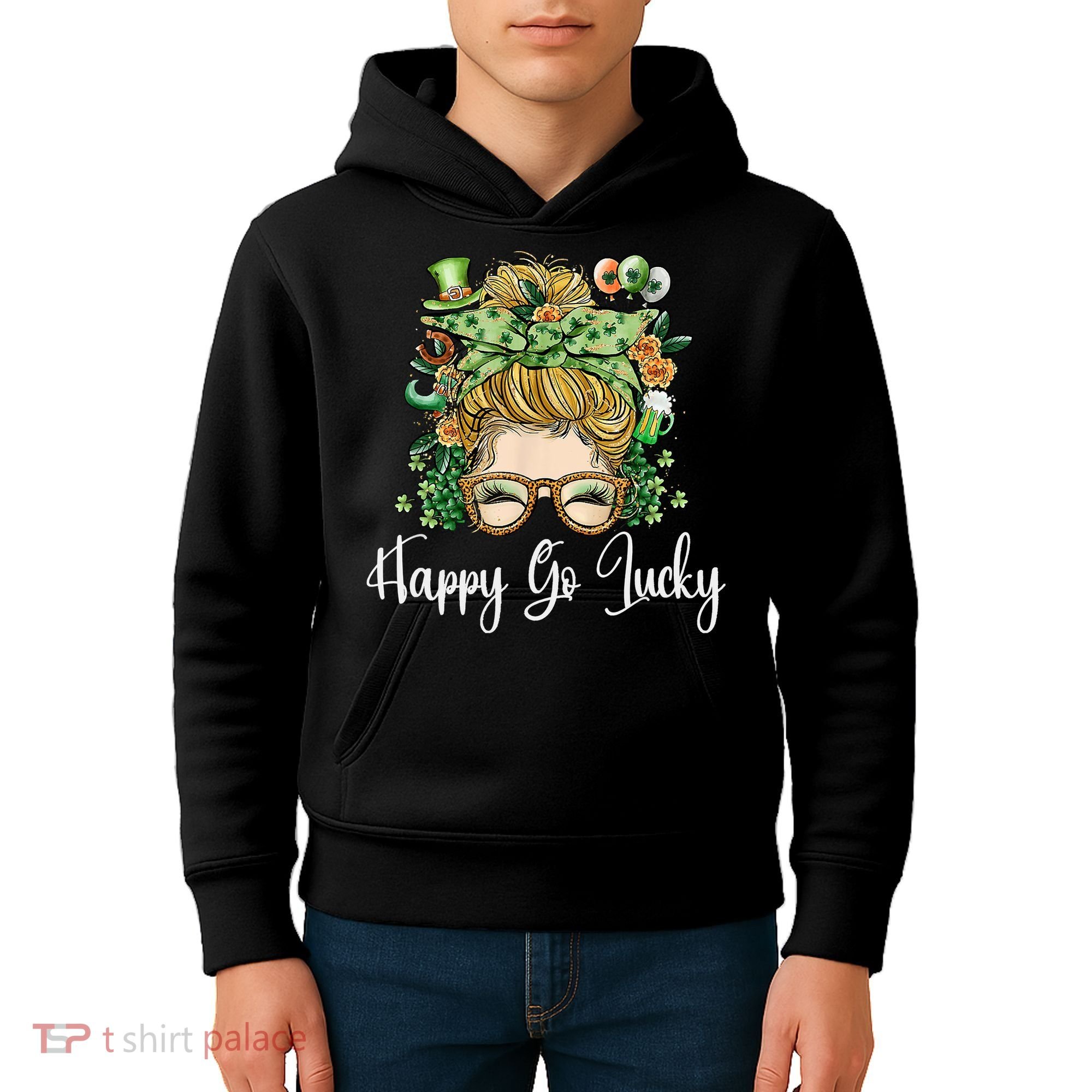 Happy Go Lucky Women Shamrock Messy Bun St. Patrick's Day Kids Hoodie