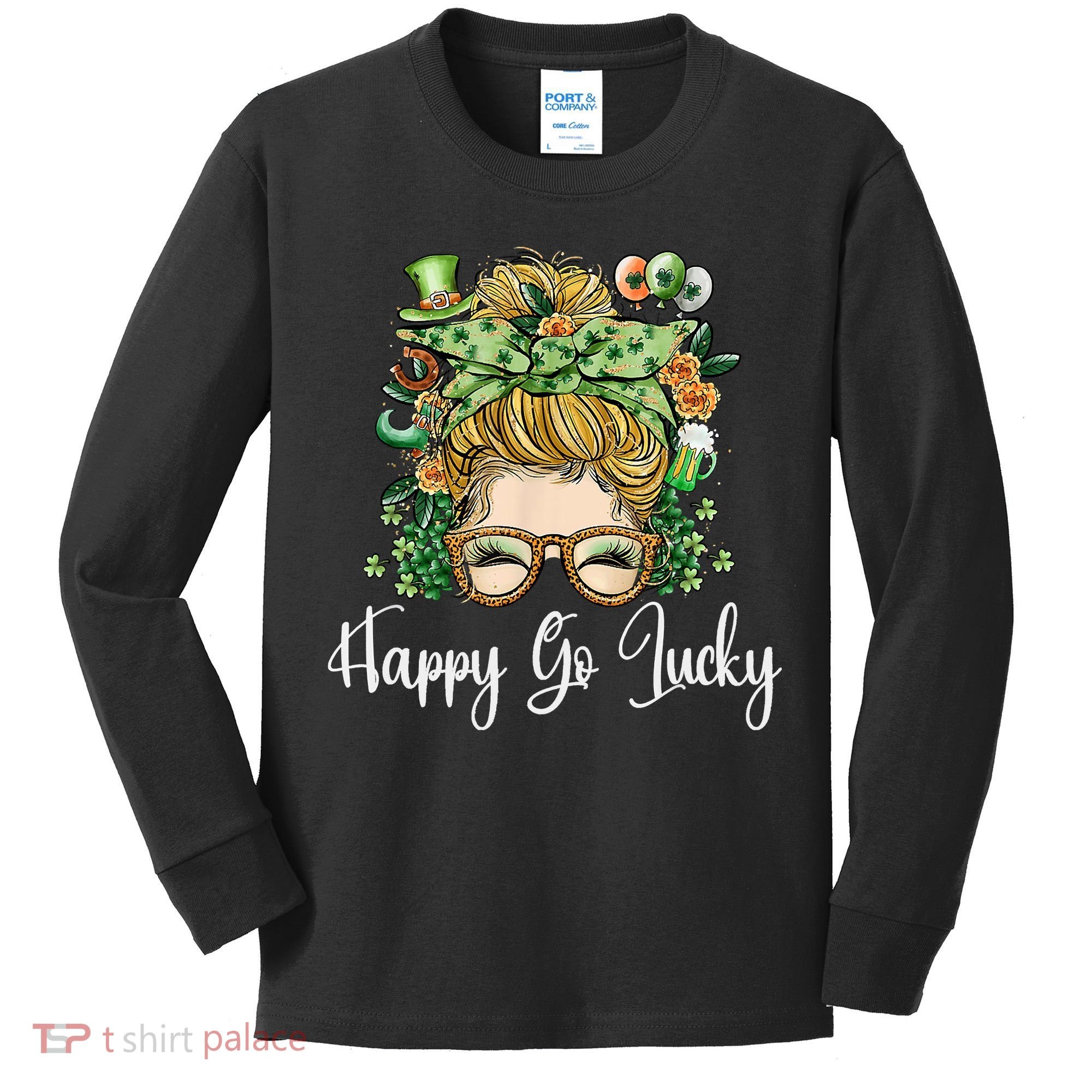 Happy Go Lucky Women Shamrock Messy Bun St. Patrick's Day Kids Long Sleeve Shirt