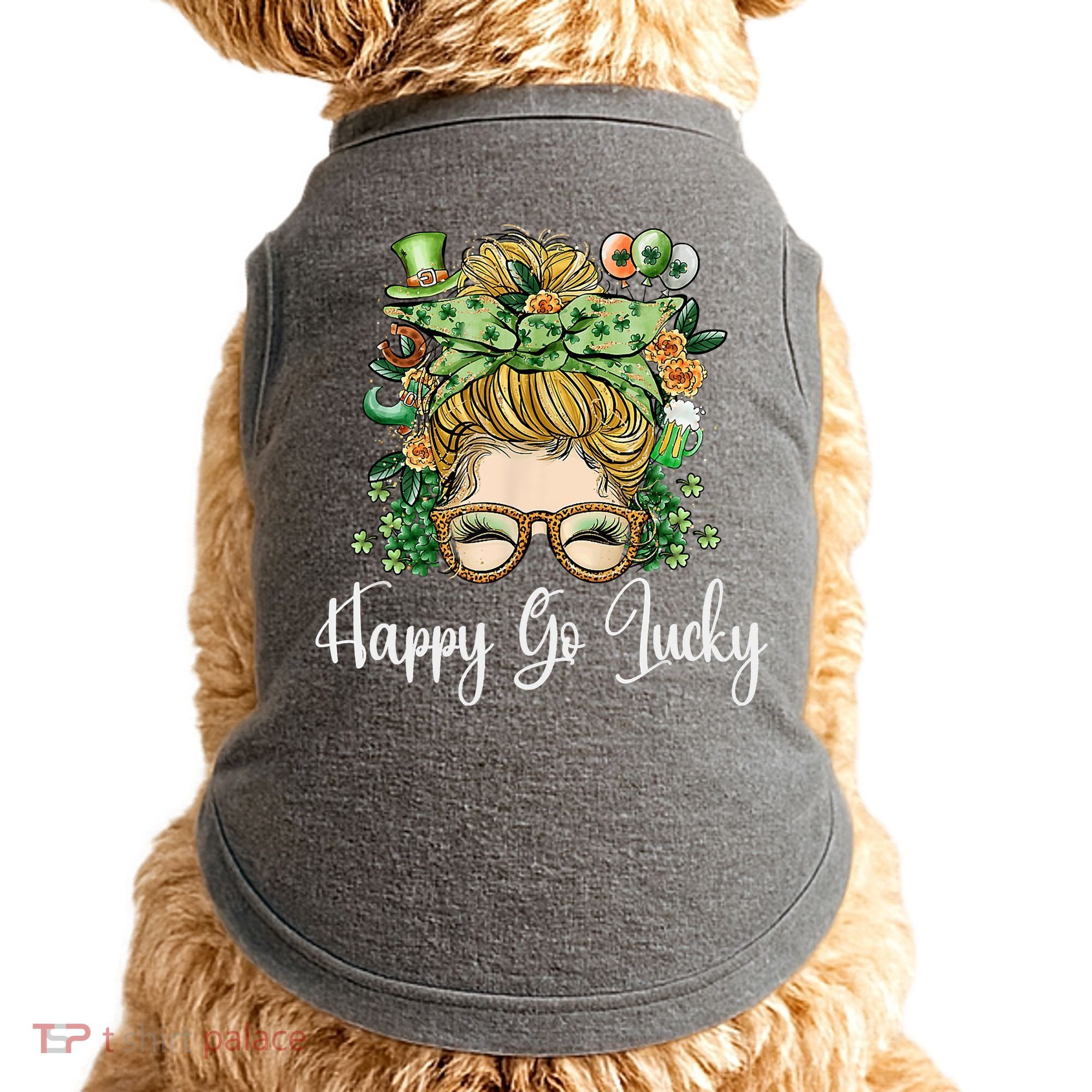 Happy Go Lucky Women Shamrock Messy Bun St. Patrick's Day Doggie Tank