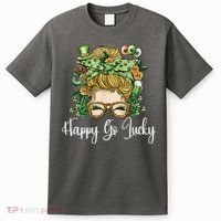 Happy Go Lucky Women Shamrock Messy Bun St. Patrick's Day T-Shirt thumb 0