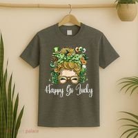 Happy Go Lucky Women Shamrock Messy Bun St. Patrick's Day T-Shirt thumb 2