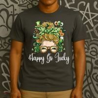 Happy Go Lucky Women Shamrock Messy Bun St. Patrick's Day T-Shirt thumb 3