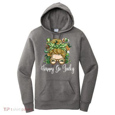 Happy Go Lucky Women Shamrock Messy Bun St. Patrick's Day Women's Hoodie