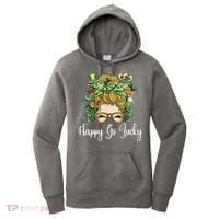 Happy Go Lucky Women Shamrock Messy Bun St. Patrick's Day Women's Hoodie thumb 0