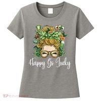 Happy Go Lucky Women Shamrock Messy Bun St. Patrick's Day Women's T-Shirt thumb 0