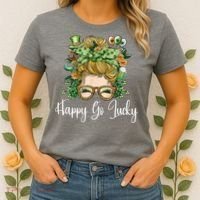 Happy Go Lucky Women Shamrock Messy Bun St. Patrick's Day Women's T-Shirt thumb 2