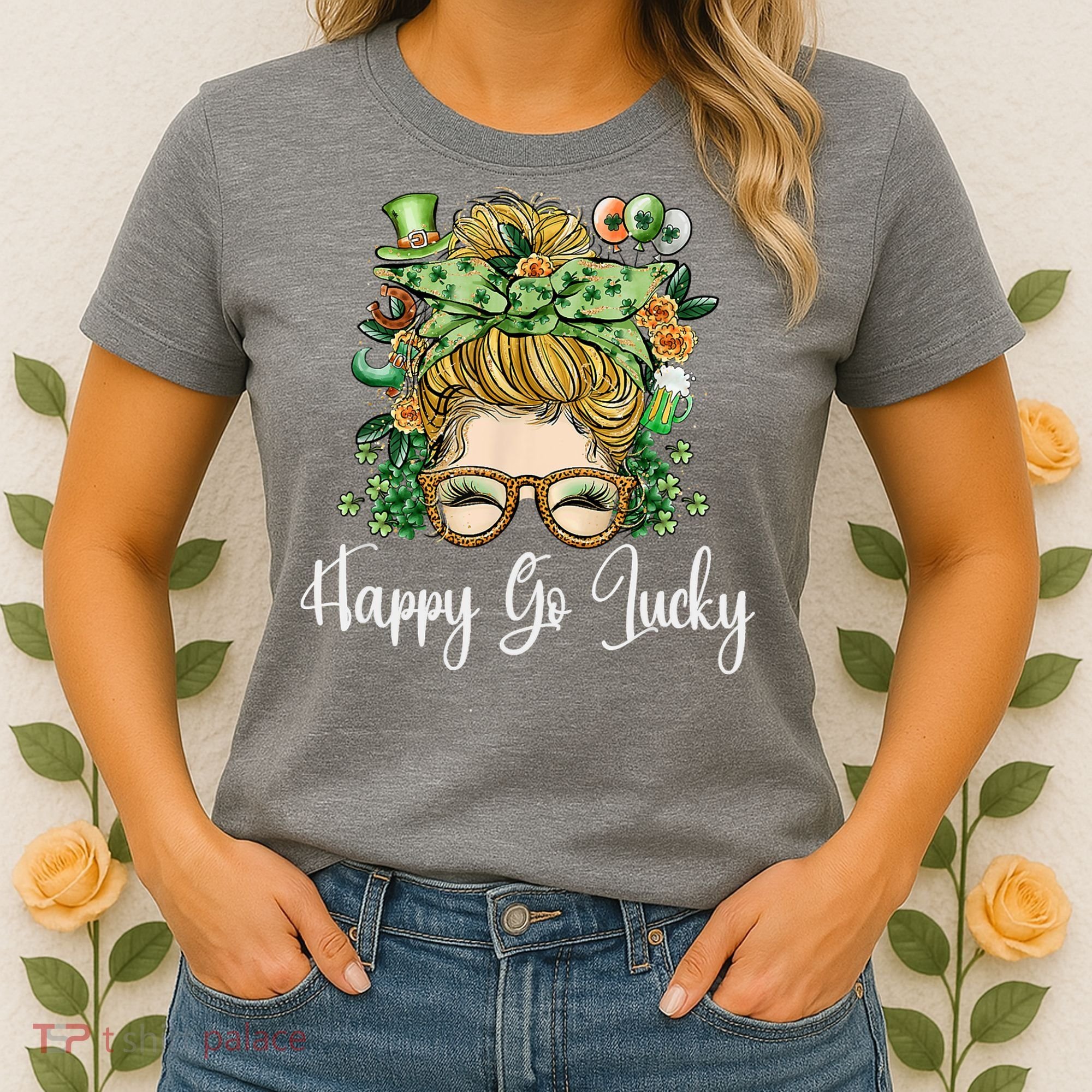 Happy Go Lucky Women Shamrock Messy Bun St. Patrick's Day Women's T-Shirt