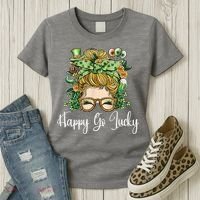 Happy Go Lucky Women Shamrock Messy Bun St. Patrick's Day Women's T-Shirt thumb 3