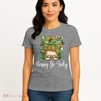 Happy Go Lucky Women Shamrock Messy Bun St. Patrick's Day Women's T-Shirt thumb 4