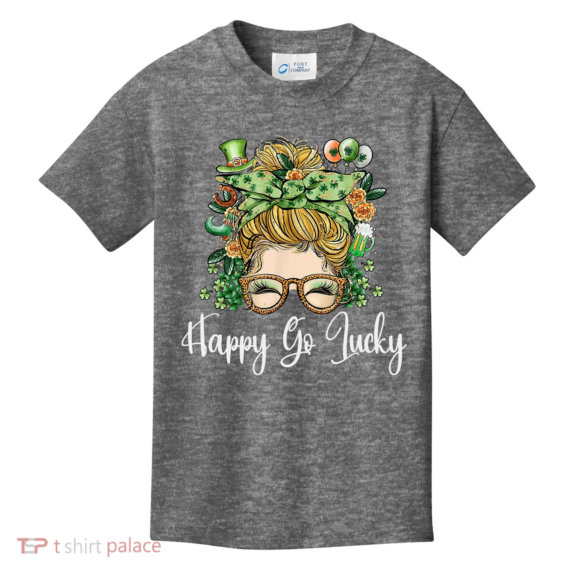 Happy Go Lucky Women Shamrock Messy Bun St. Patrick's Day Kids T-Shirt