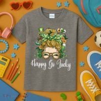 Happy Go Lucky Women Shamrock Messy Bun St. Patrick's Day Kids T-Shirt thumb 3