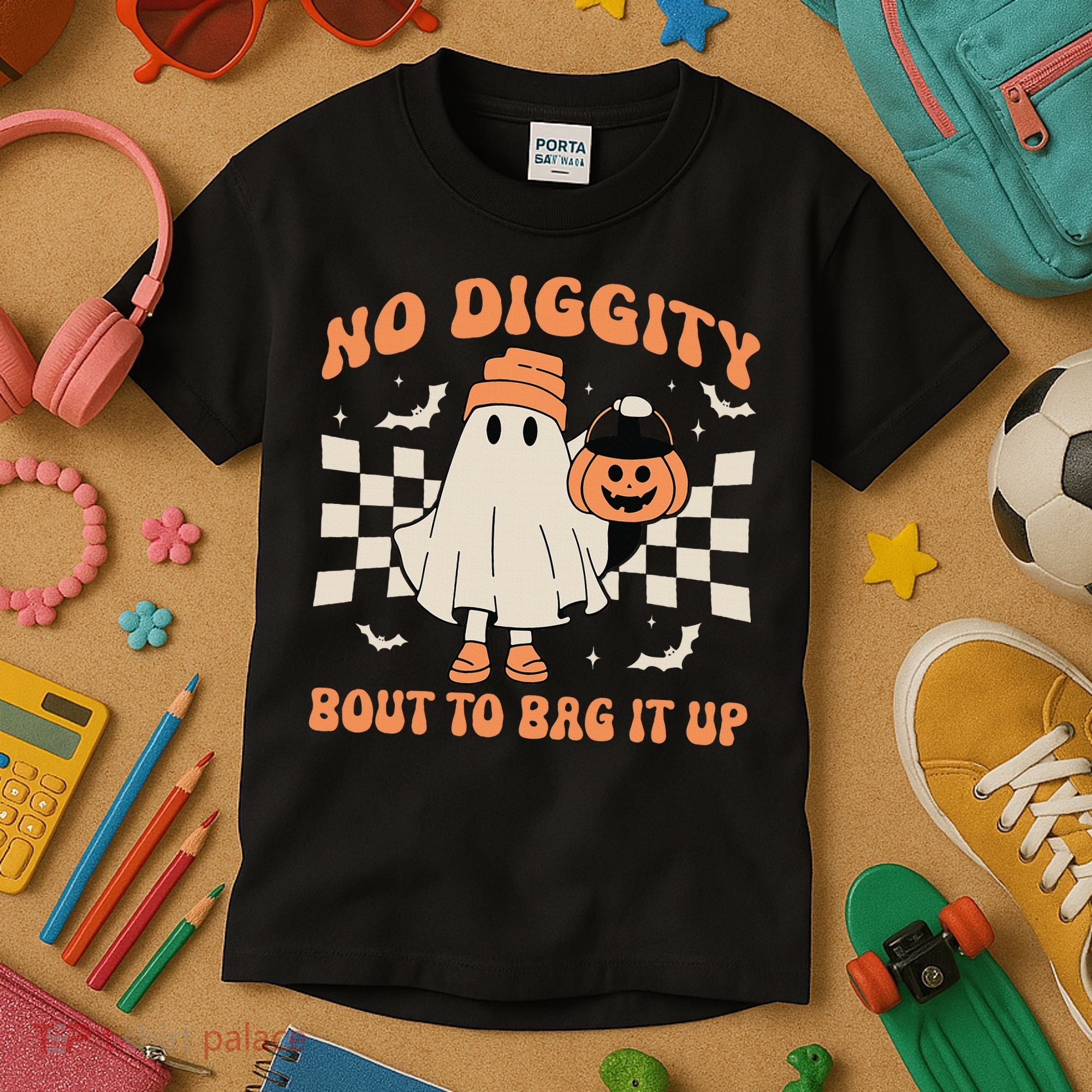 Halloween Ghost No Diggity Bout To Bag It Up Kids T-Shirt