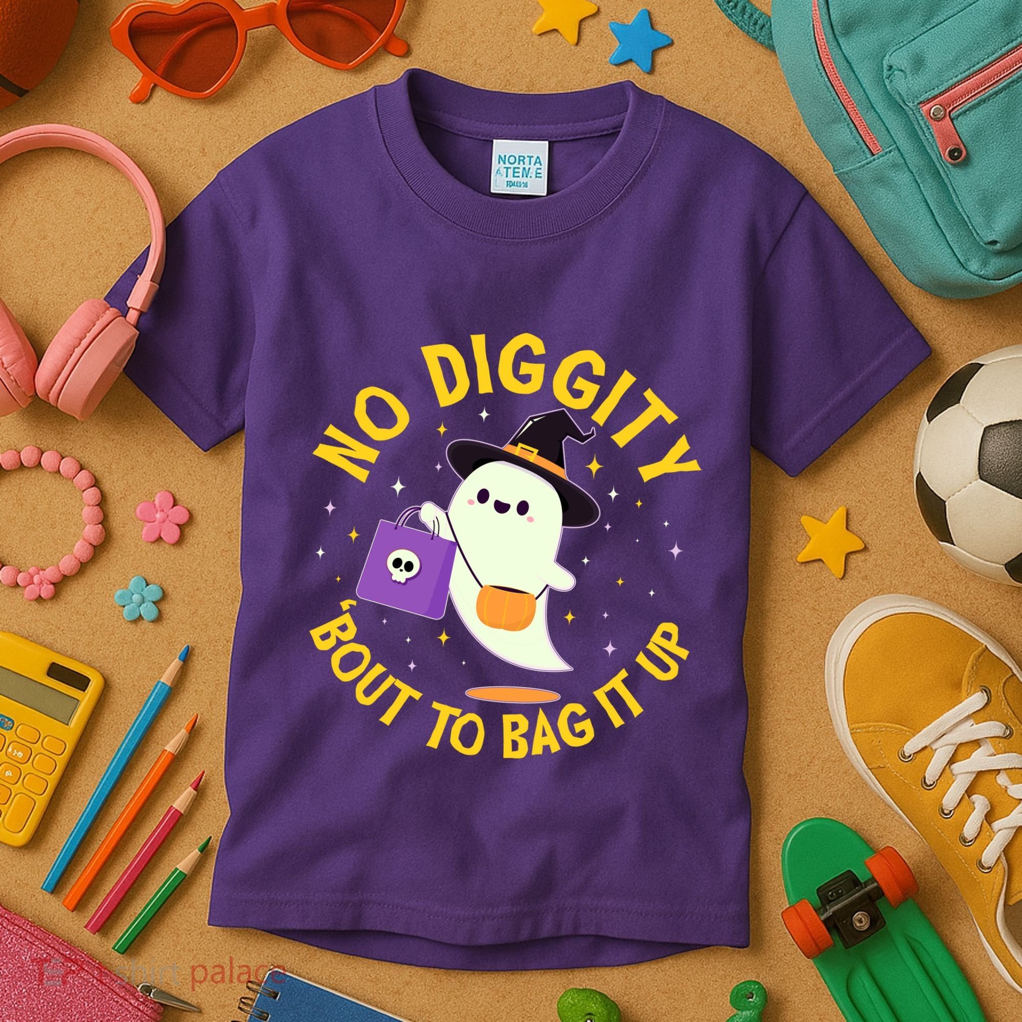 Halloween Ghost No Diggity Bout To Bag It Up Kids T-Shirt