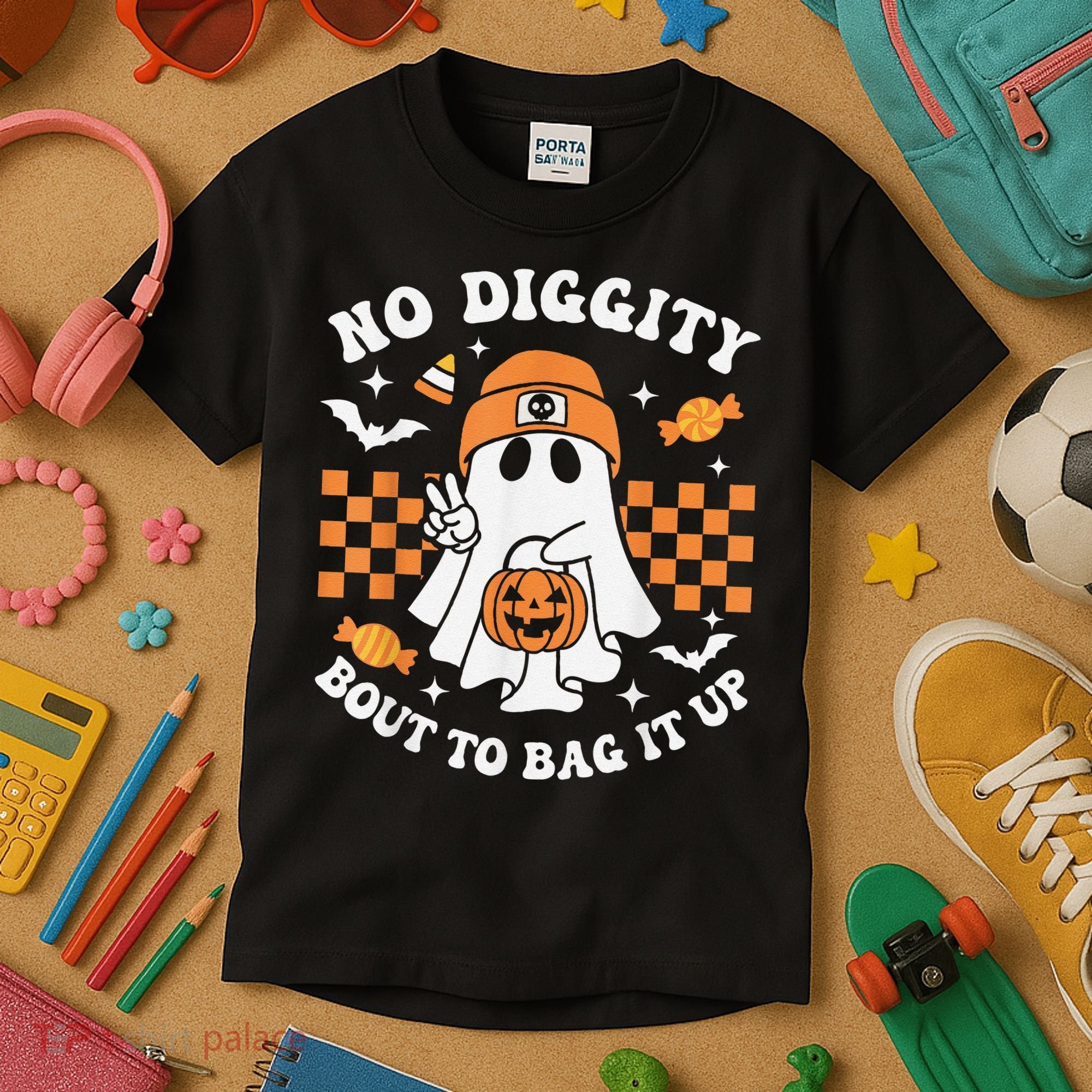 Halloween Ghost No Diggity Bout To Bag It Up Kids T-Shirt