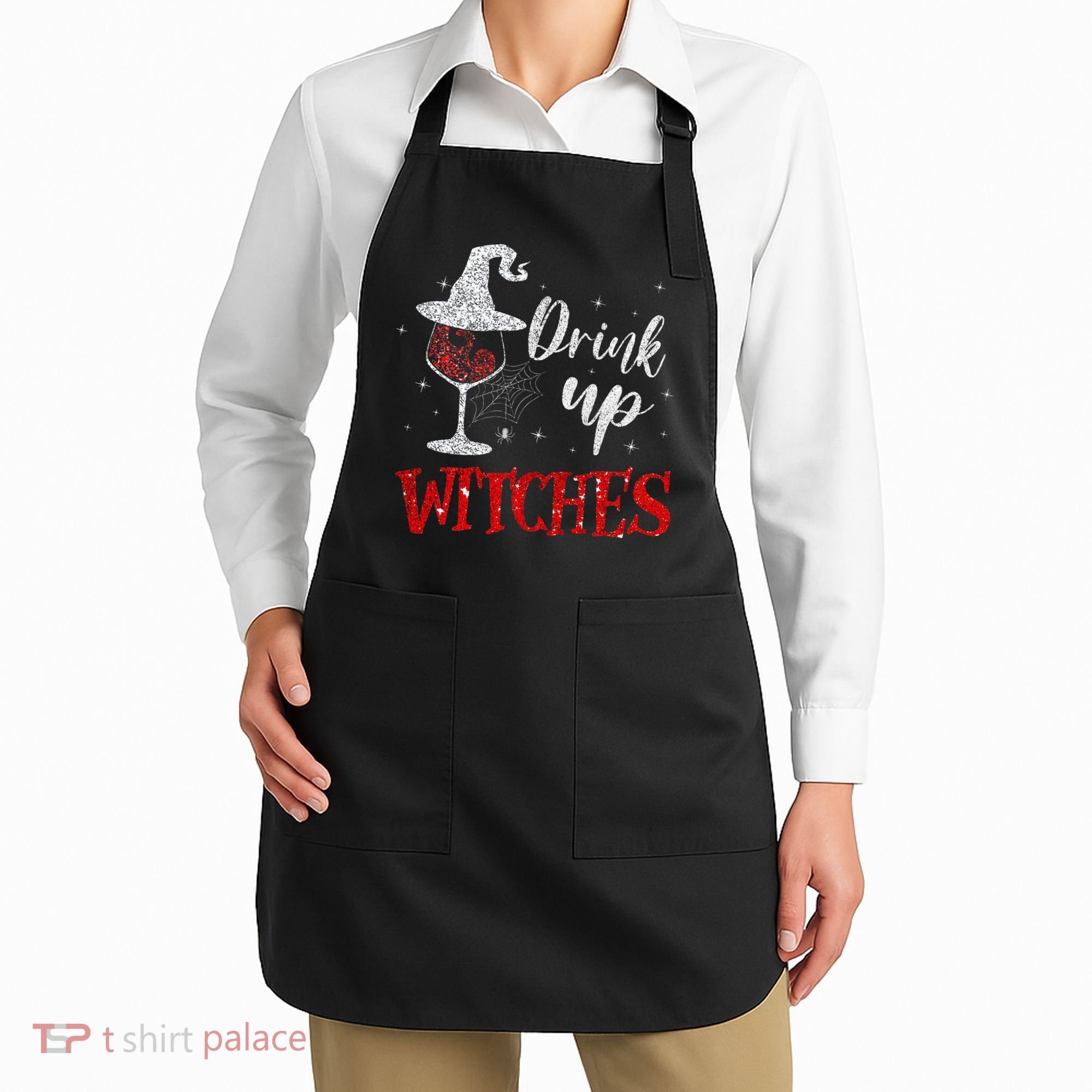 Halloween Glass Of Wine Drink Up Witche Apron