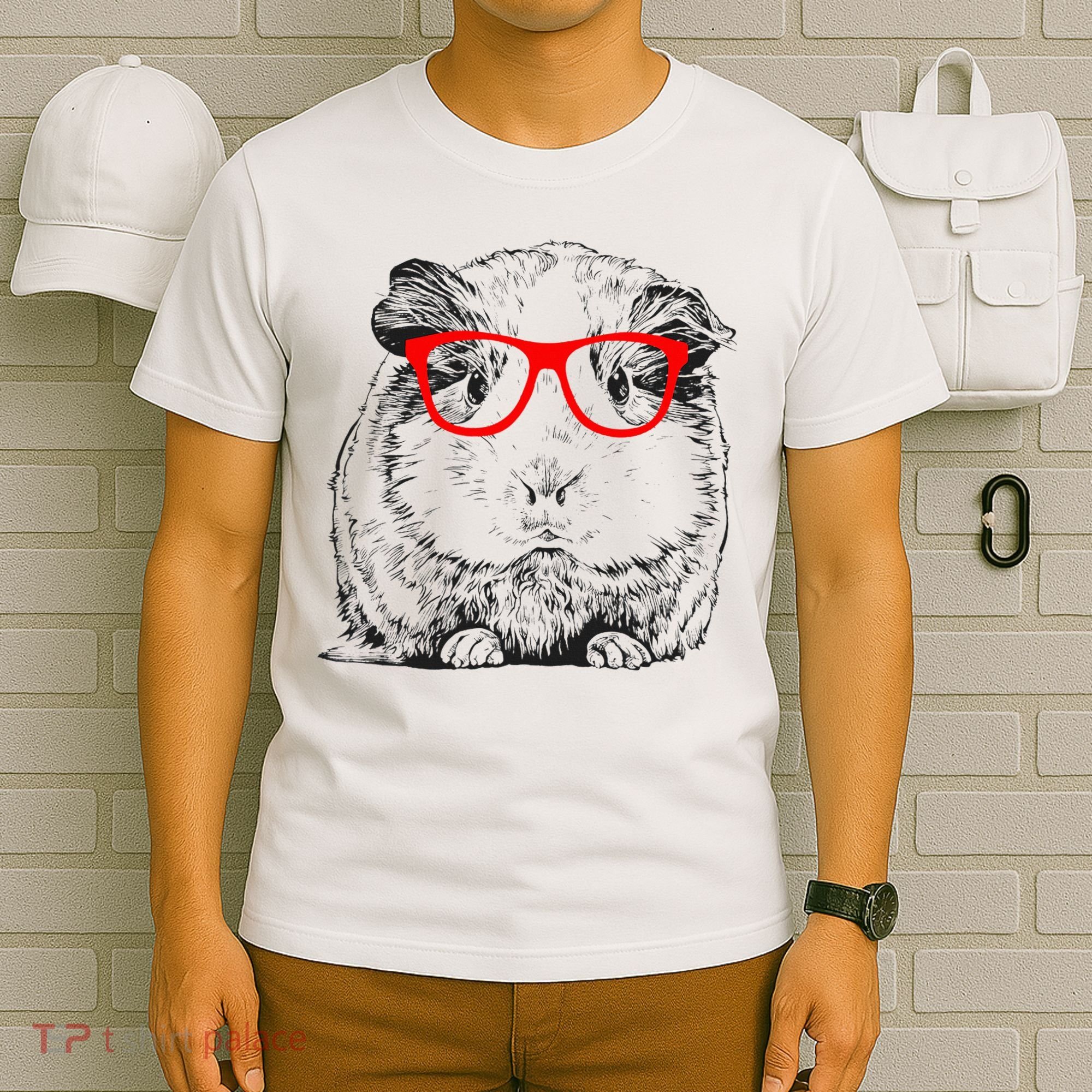 Hipster Guinea Pig In Red Glasses Pet Animal T-Shirt