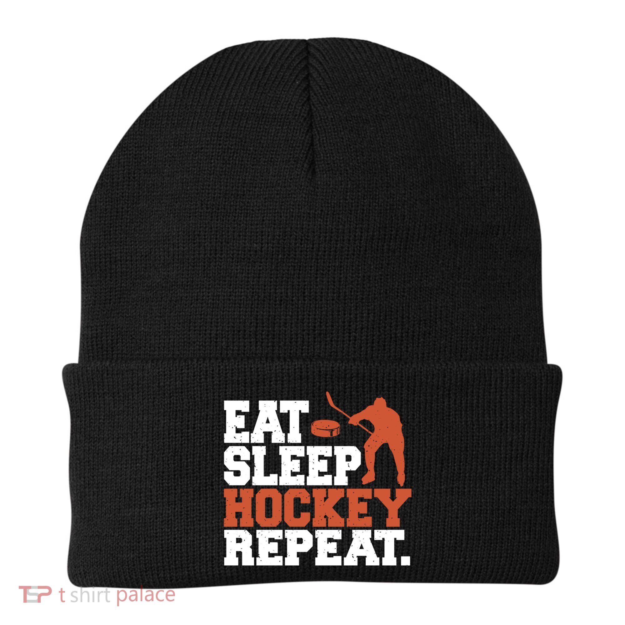 Hockey Gift Retro Eat Sleep Hockey Repeat Gift Beanie