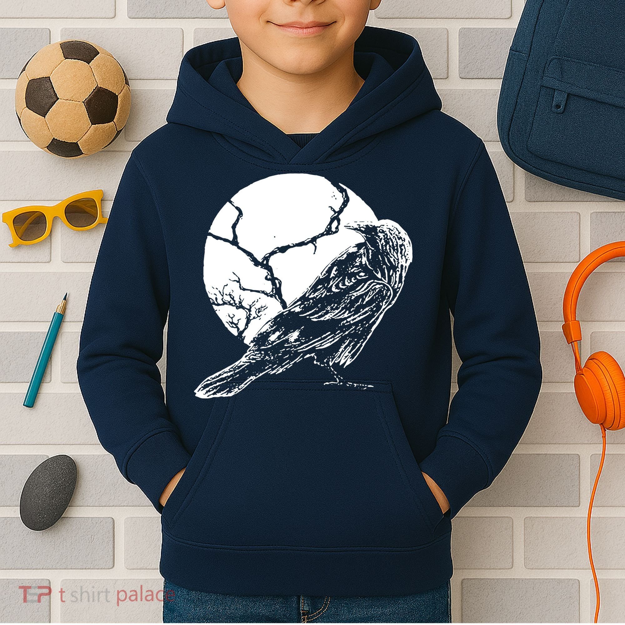 Horror Graphic Raven And Moon Kids Hoodie