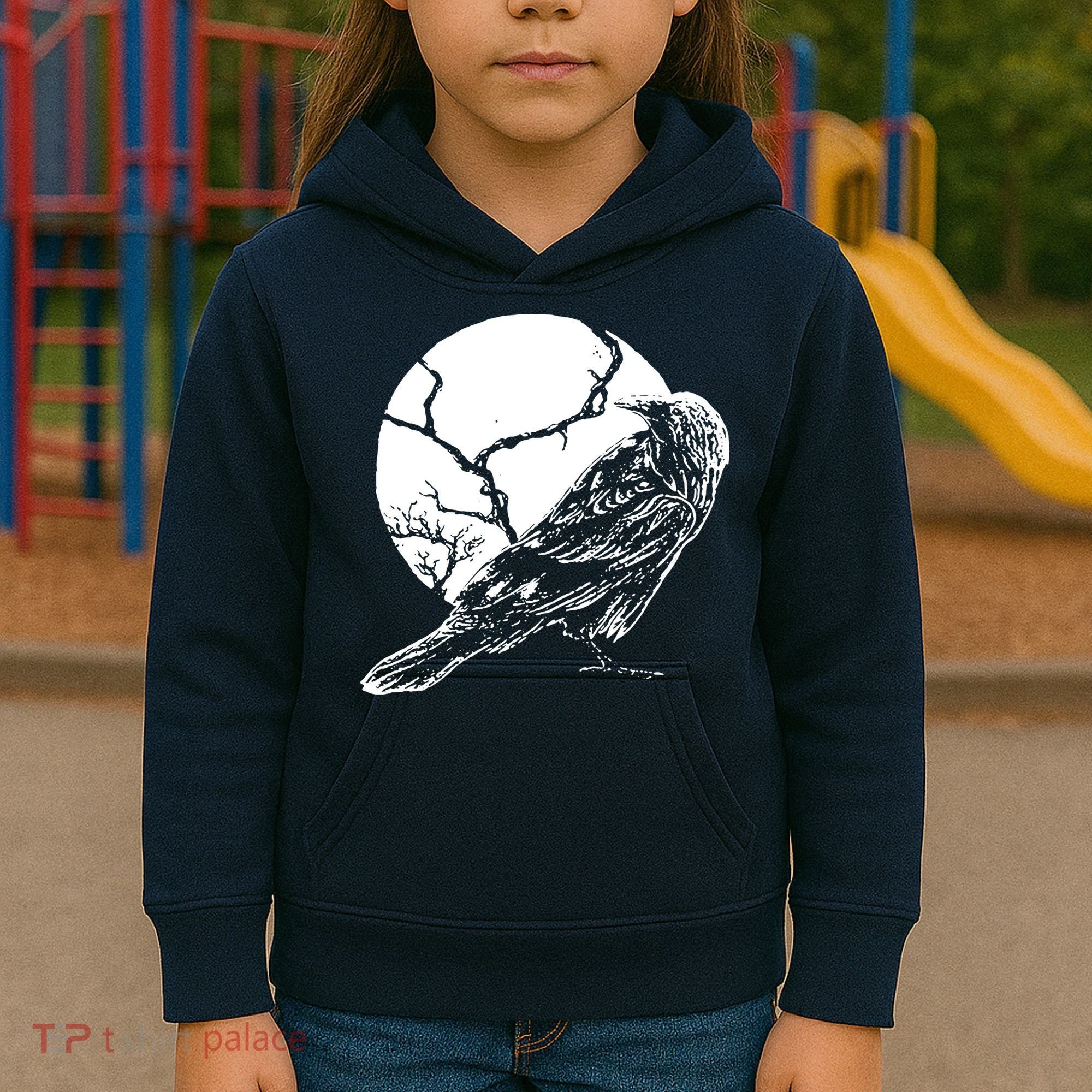 Horror Graphic Raven And Moon Kids Hoodie