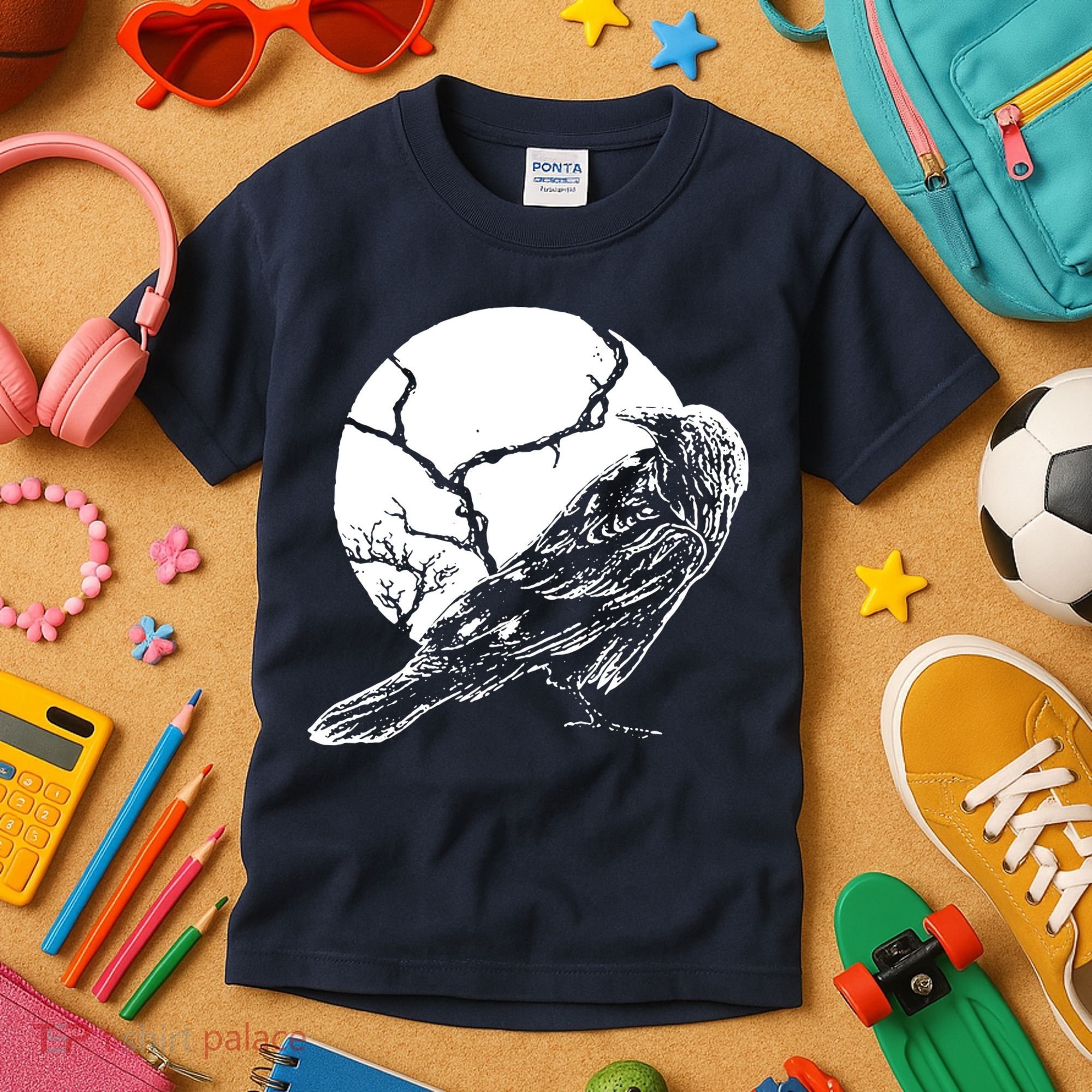 Horror Graphic Raven And Moon Kids T-Shirt