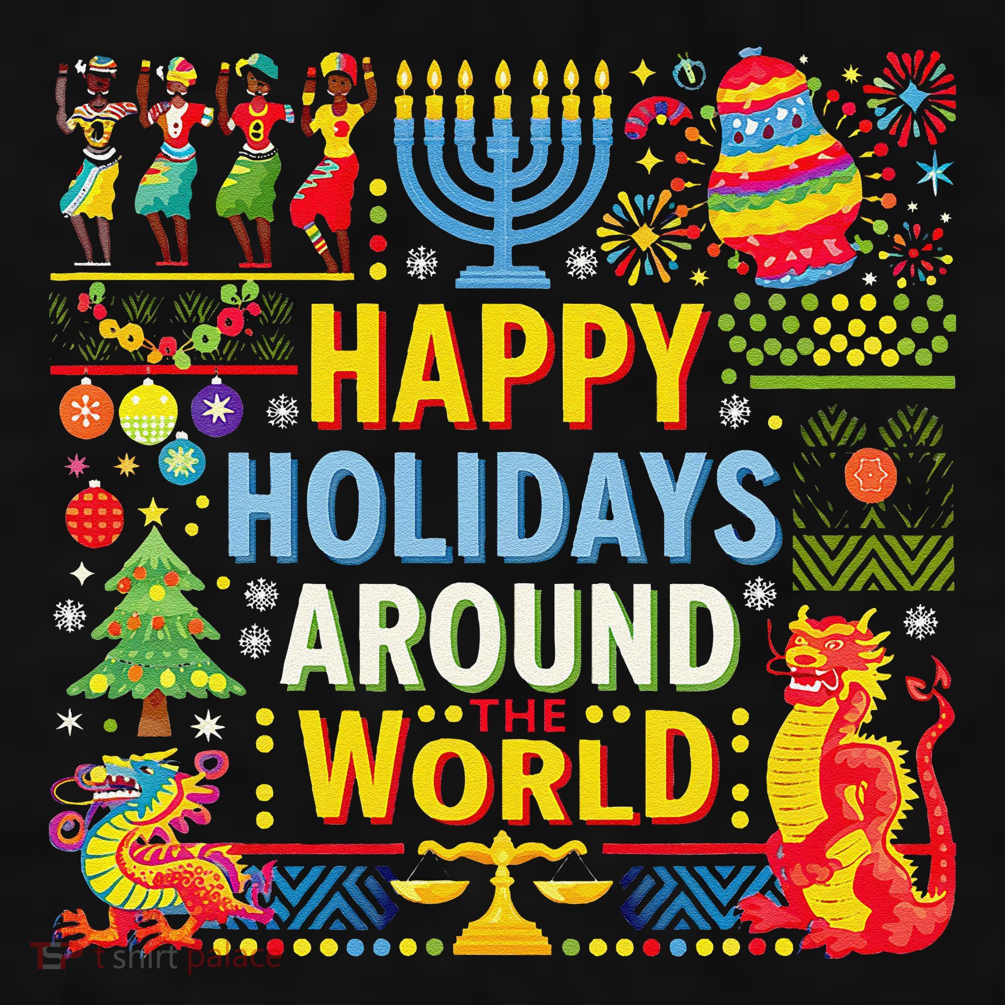 Happy Holidays Around A World Multicultural Celebration Ladies PosiCharge Tri-Blend Wicking Tank