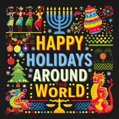Happy Holidays Around A World Multicultural Celebration Pom Pom 12in Knit Beanie
