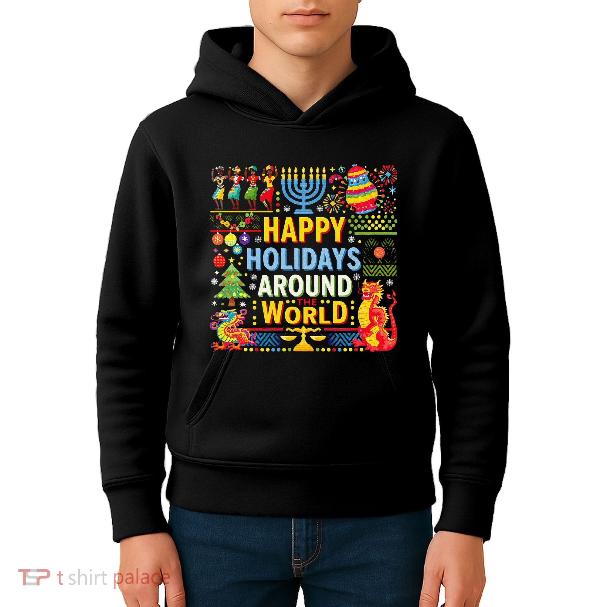 Happy Holidays Around A World Multicultural Celebration Kids Hoodie