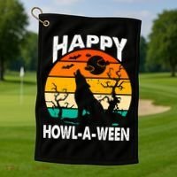 Happy Howl A Ween Halloween Wolf Retro Golf Towel thumb 1