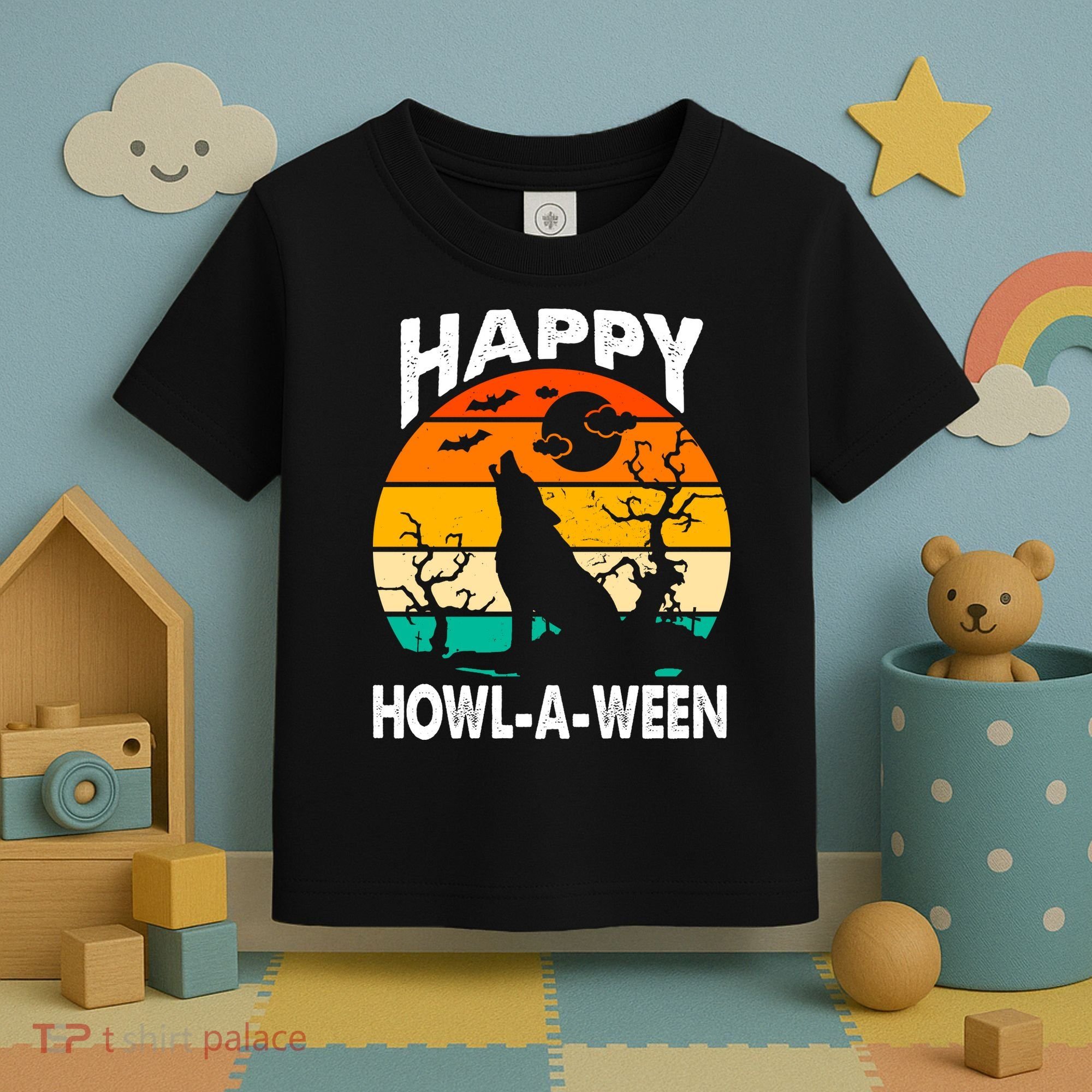 Happy Howl A Ween Halloween Wolf Retro Toddler T-Shirt