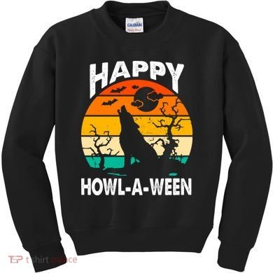 Happy Howl A Ween Halloween Wolf Retro Kids Sweatshirt