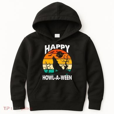 Happy Howl A Ween Halloween Wolf Retro Kids Hoodie