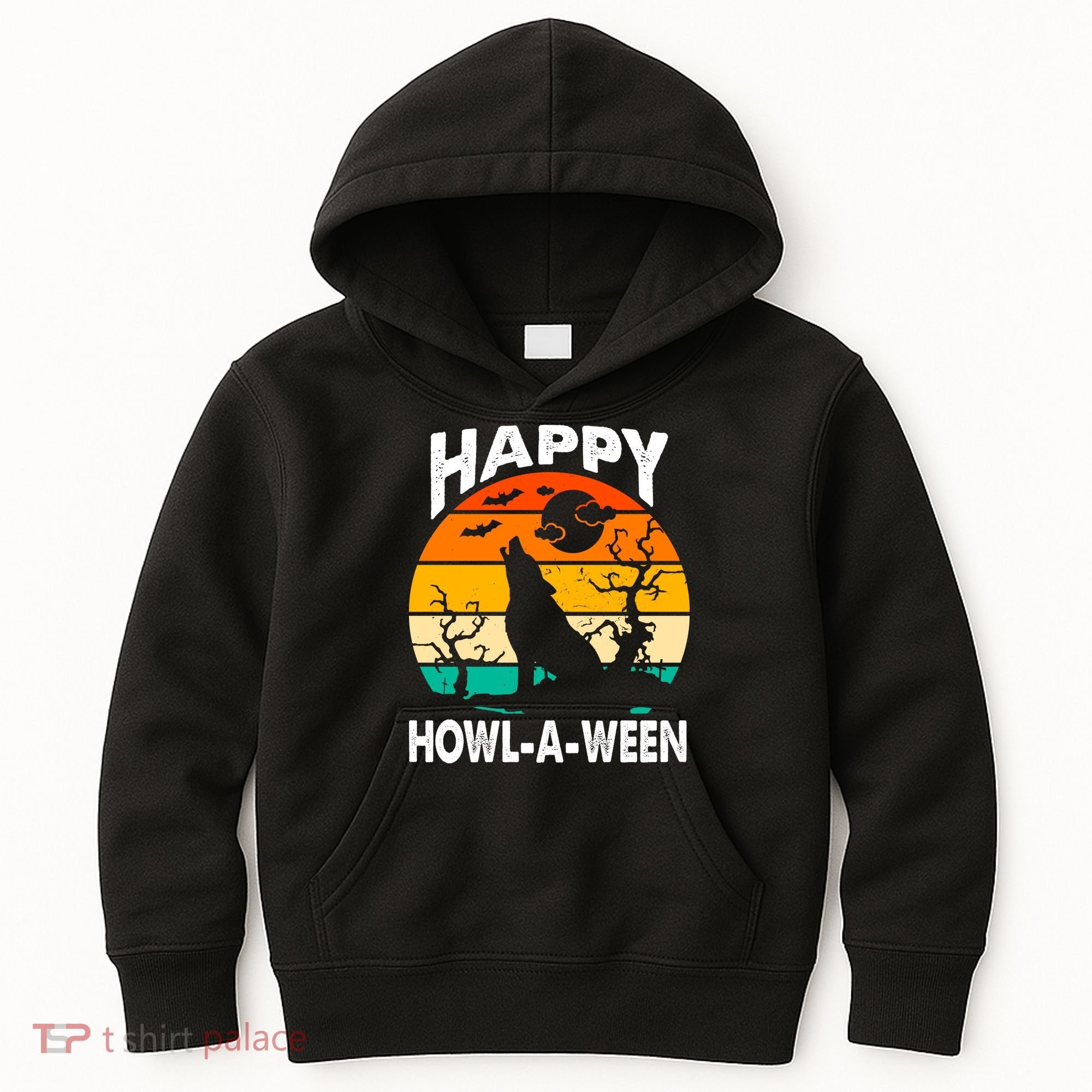 Happy Howl A Ween Halloween Wolf Retro Kids Hoodie