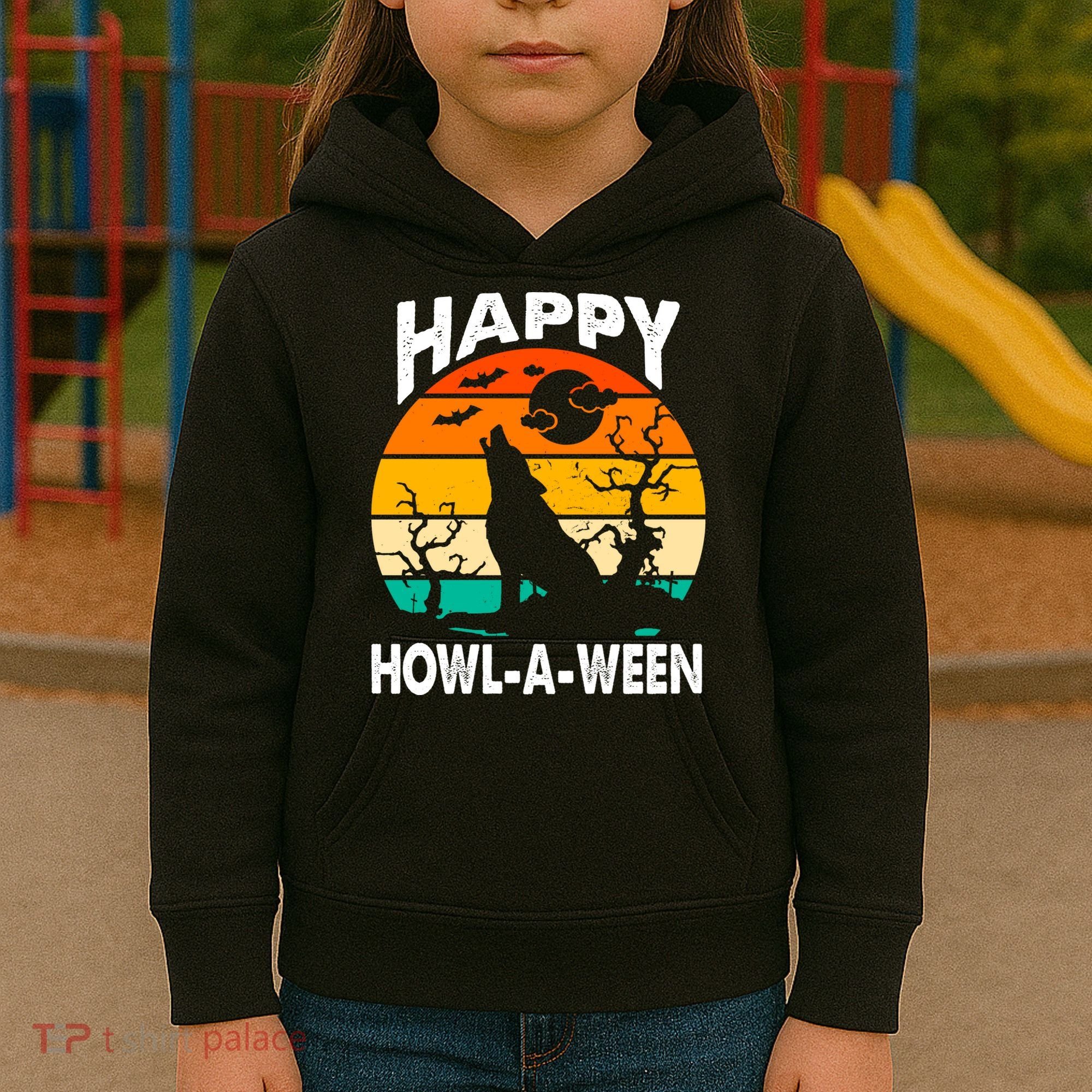 Happy Howl A Ween Halloween Wolf Retro Kids Hoodie