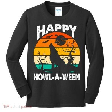 Happy Howl A Ween Halloween Wolf Retro Kids Long Sleeve Shirt