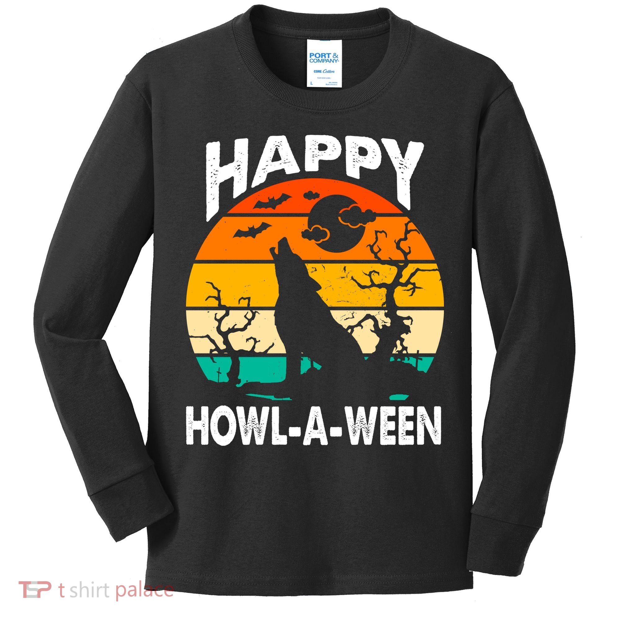 Happy Howl A Ween Halloween Wolf Retro Kids Long Sleeve Shirt