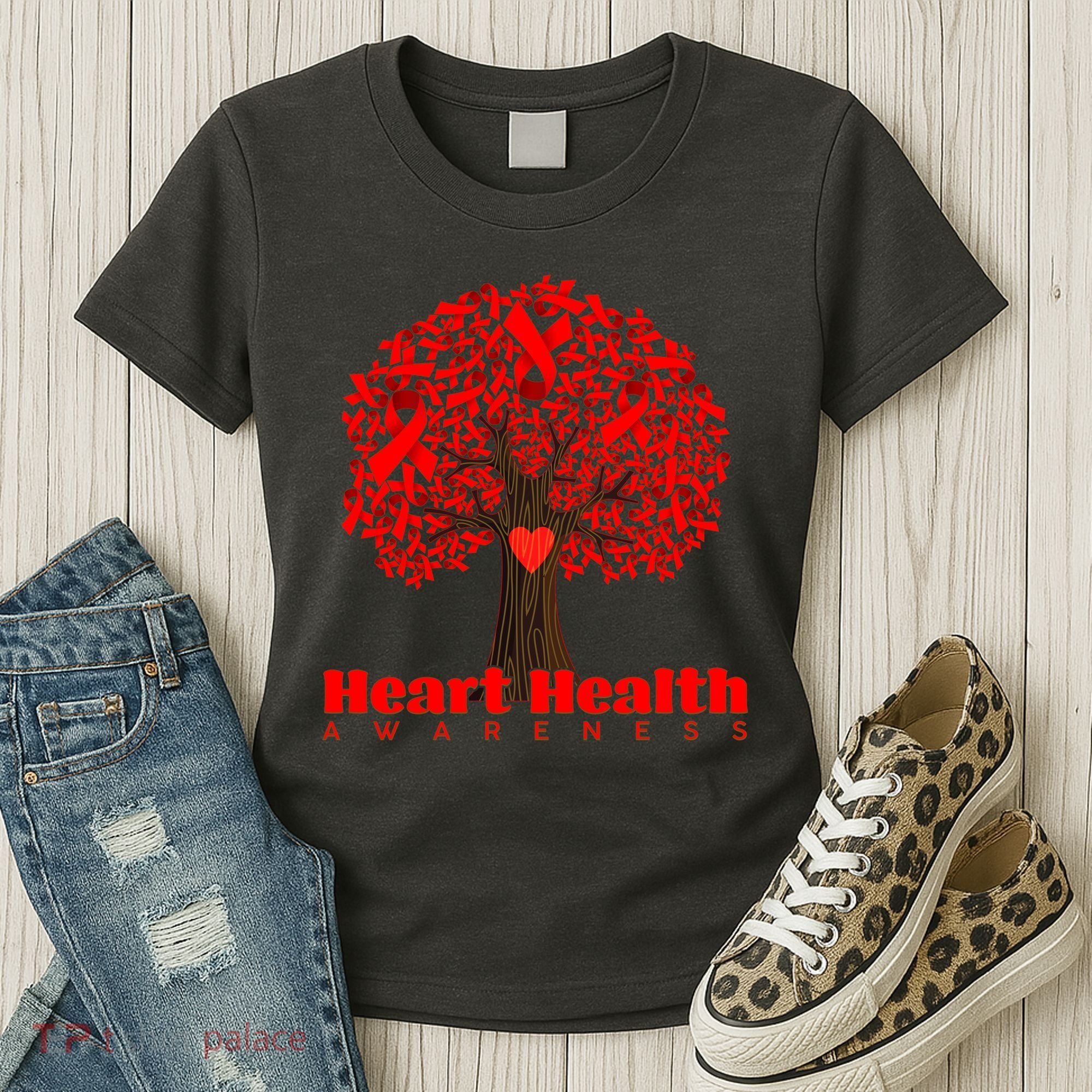 Heart Health Awareness Red Ribbon Heart Tree Women's T-Shirt
