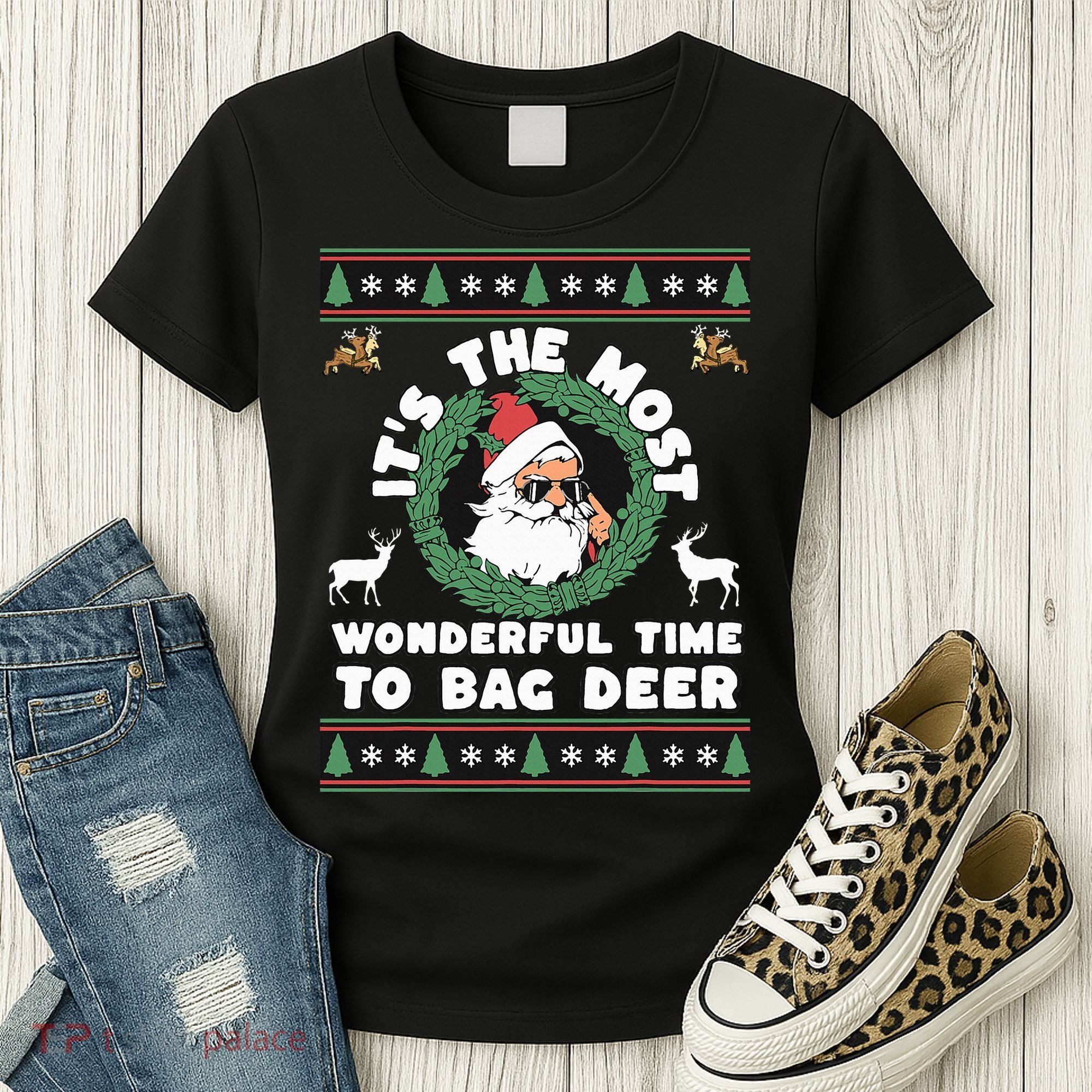 Holiday Hunting Bag with Festive Deer Women's T-Shirt