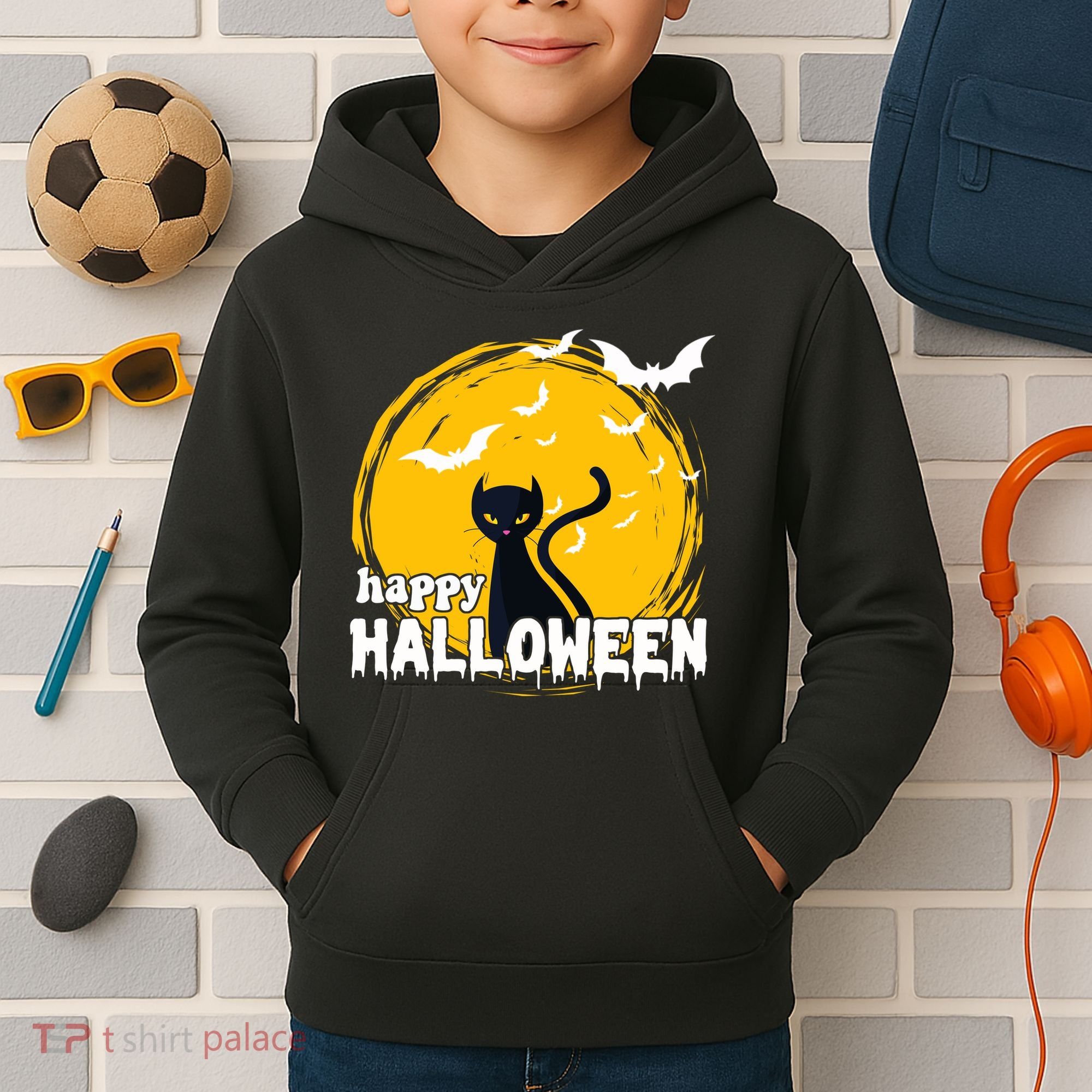 Happy Halloween Black Cat Spooky Kids Hoodie